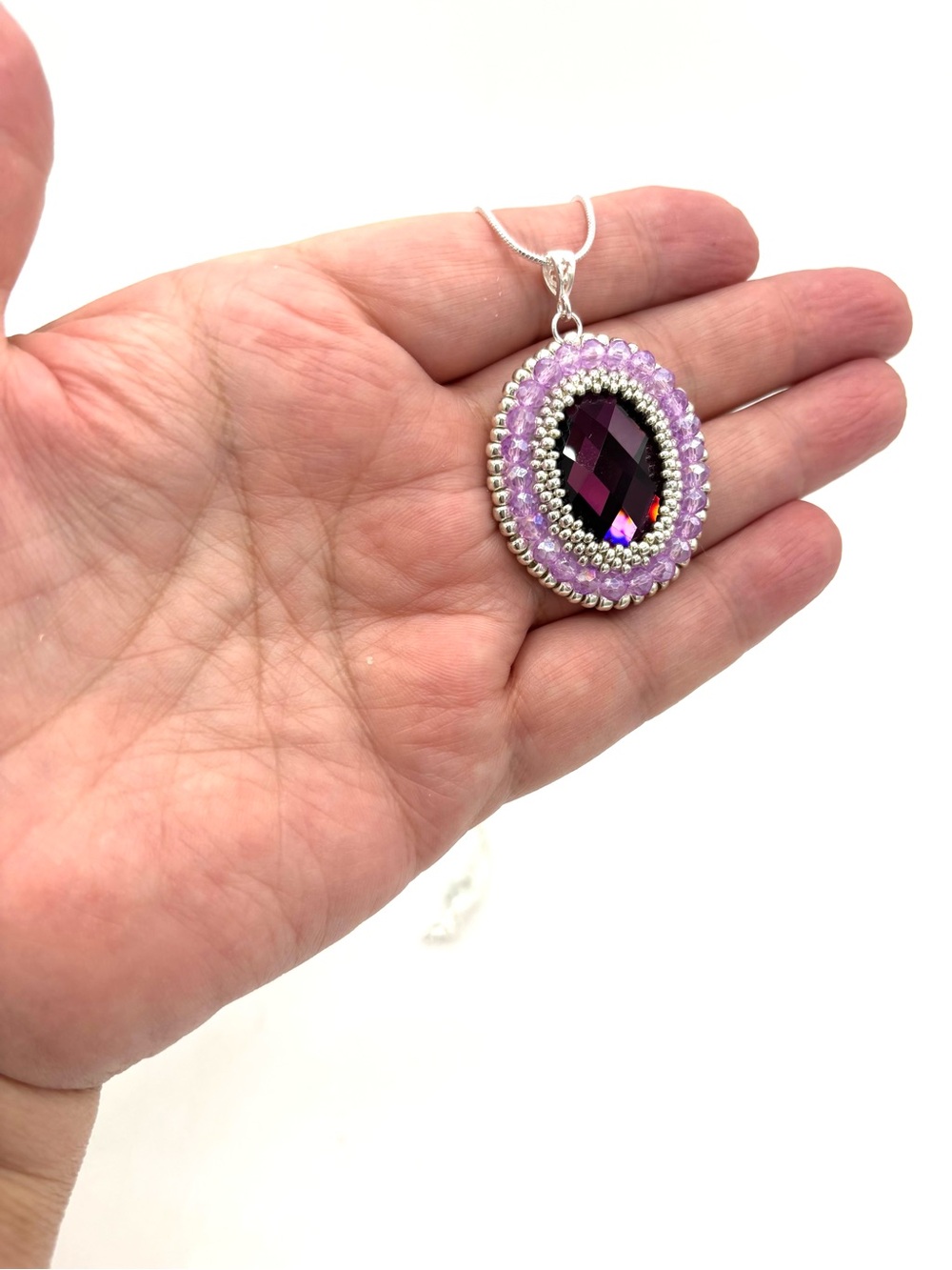 Hand Crafted Silver Necklace with Purple Oval Gemstone Pendant - Picture 9 of 9